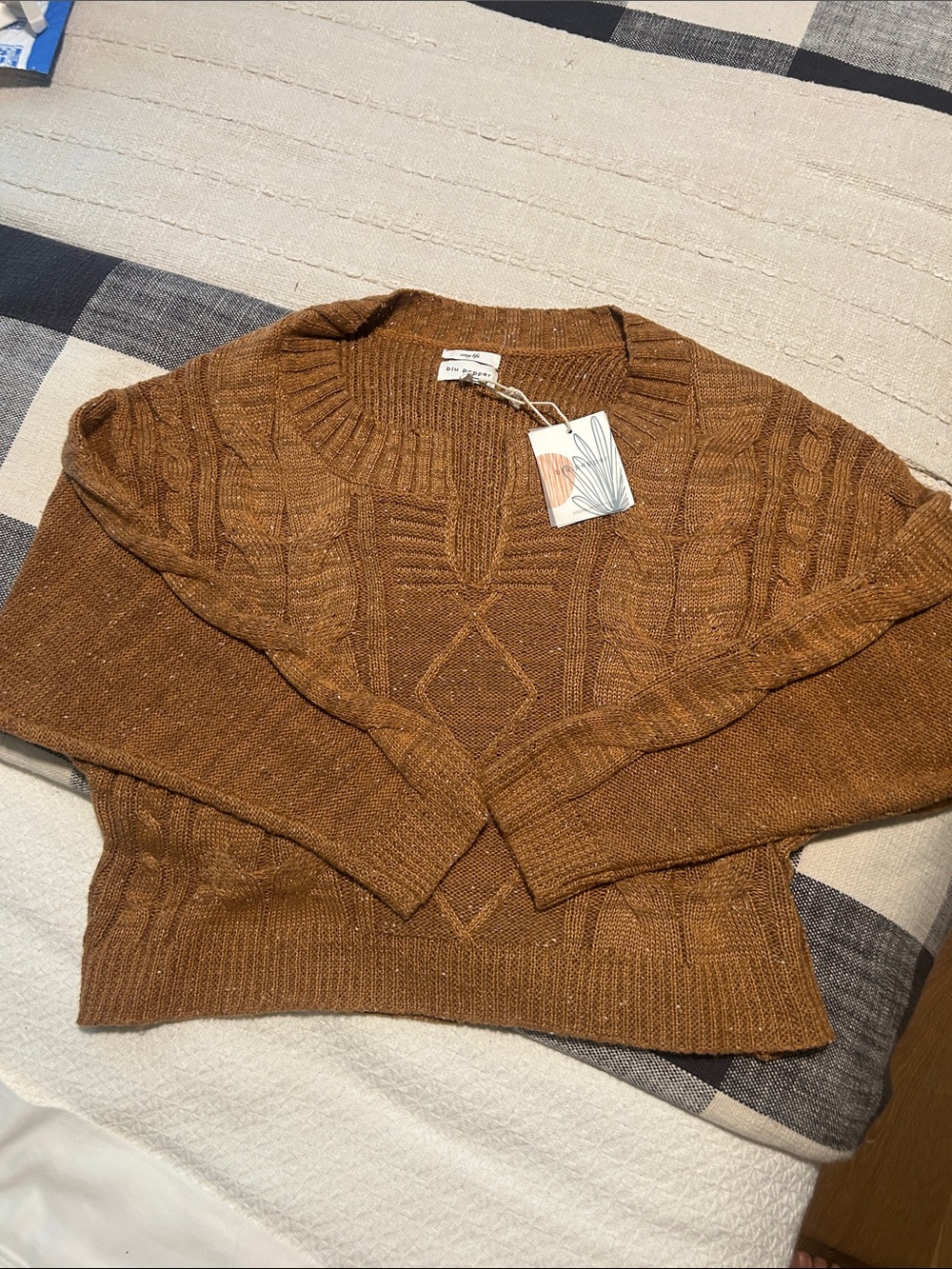 Cropped Boxy Cozy Cable Knit Crewneck Sweater in Camel Brown